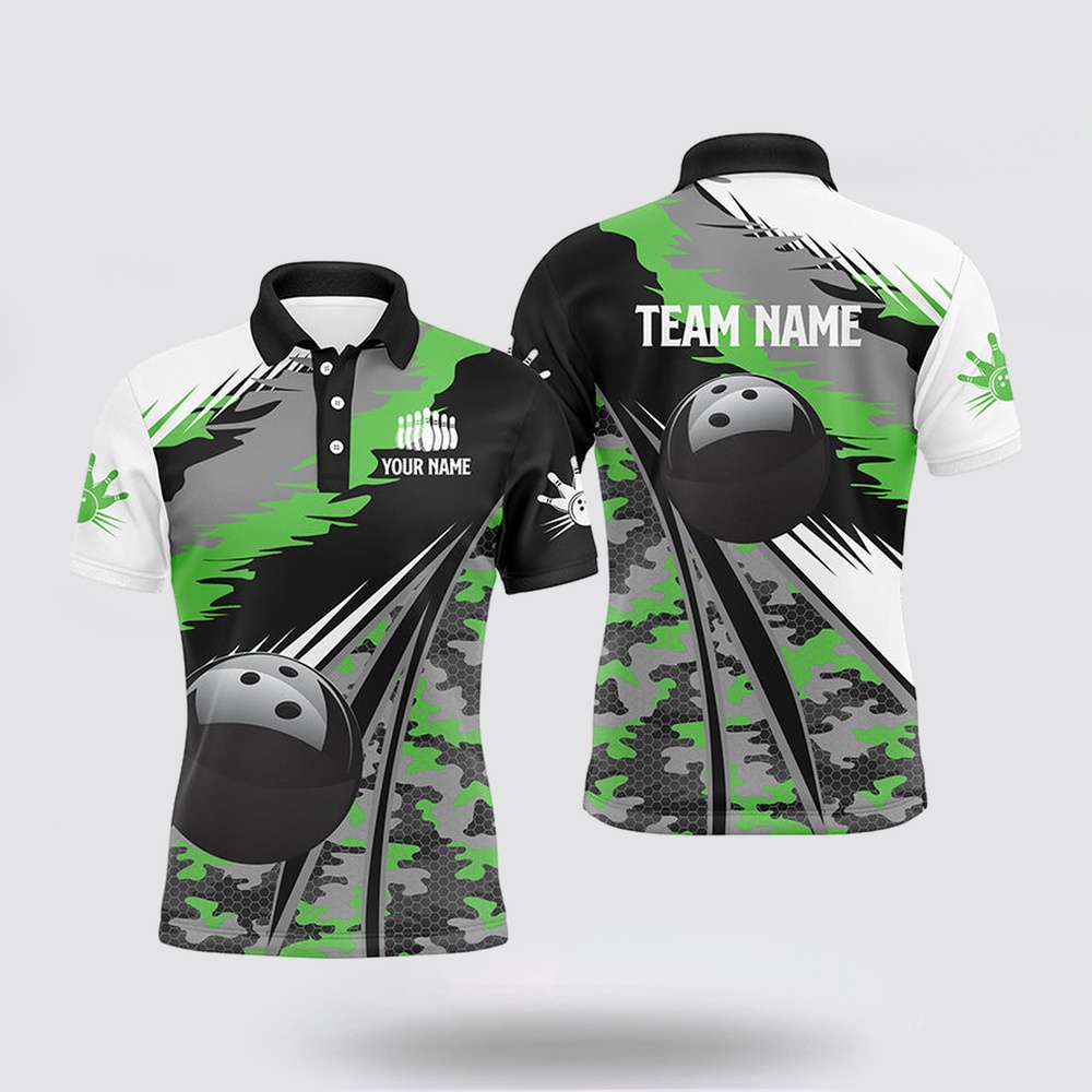 Bowling Polo Shirt, Mens Polo Bowling Shirts Custom Black Ball Green Camo Bowling Team Jersey, Gift For Bowlers
