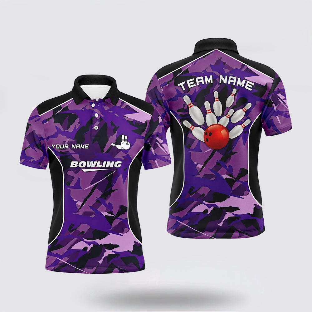 Bowling Polo Shirt, Mens Polo Bowling Shirts Custom Bowling Ball And Pins Purple Camo Bowling Team Jersey For Men