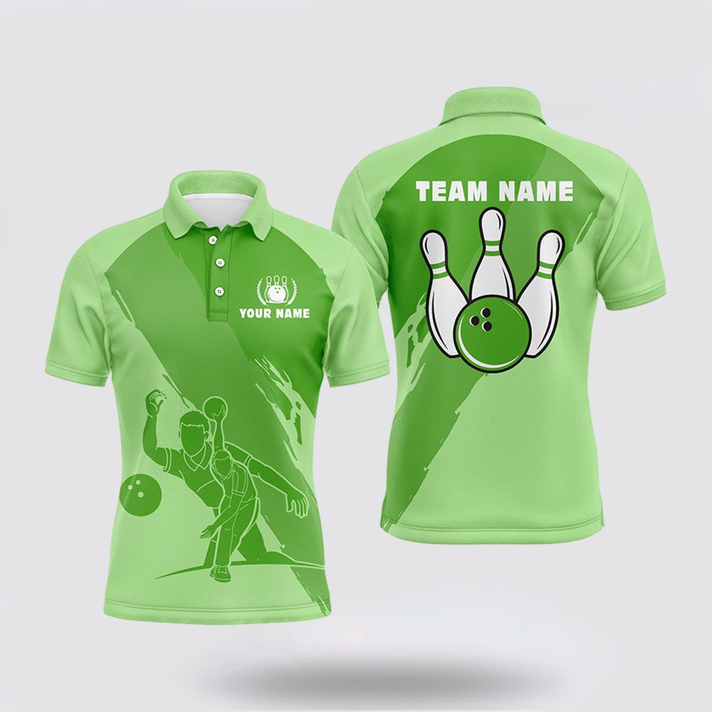 Bowling Polo Shirt, Personalized 3D Bowling Polo Shirts For Men, Custom Green Team Bowling Jerseys For Men