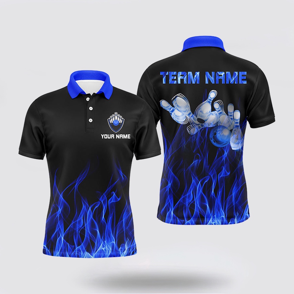 Bowling Polo Shirt, Personalized Men Polo Bowling Shirt Blue Flame Bowling Ball And Pins Bowling Jerseys For Men Bowler