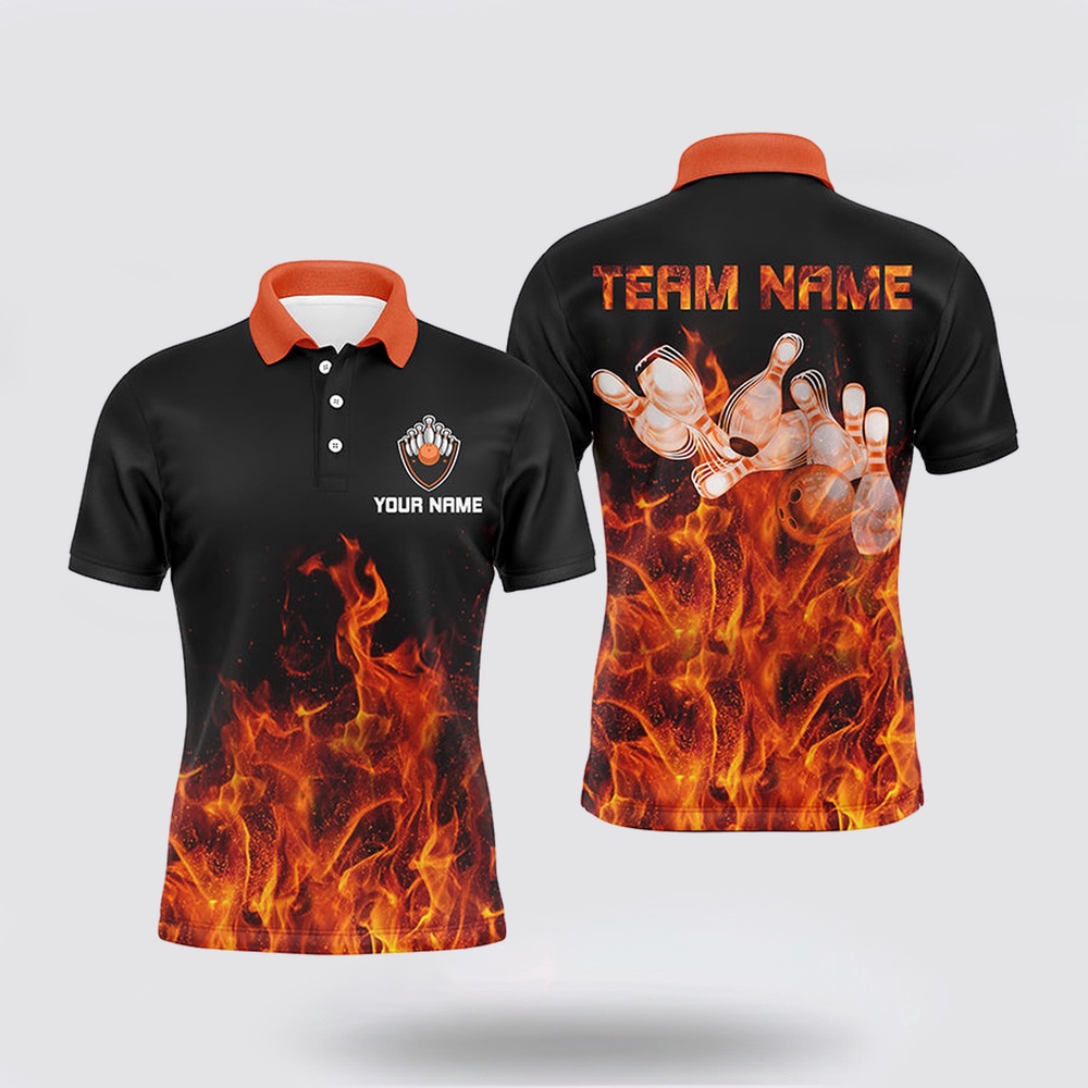 Bowling Polo Shirt, Personalized Men Polo Bowling Shirt Orange Flame Bowling Ball And Pins Bowling Jerseys For Men Bowler