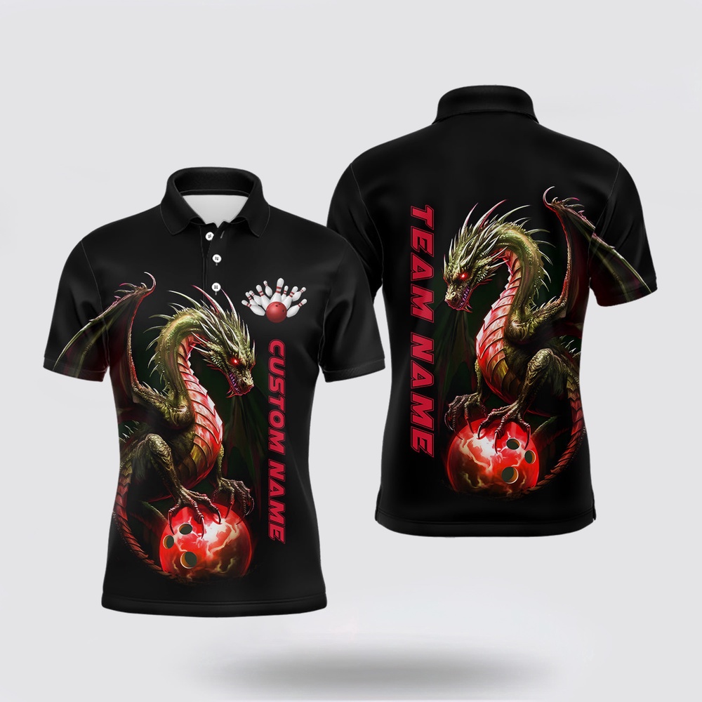 Bowling Polo Shirt, Personalized Red Dragon Bowling Team Jerseys Men Polo Shirts Bowling League Shirt