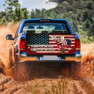 Jesus Tailgate Wrap, Cross American Flag Wrap Tailgate Decal Stand For The Flag Kneel For The Cross Christian Gift Tailgate Wrap