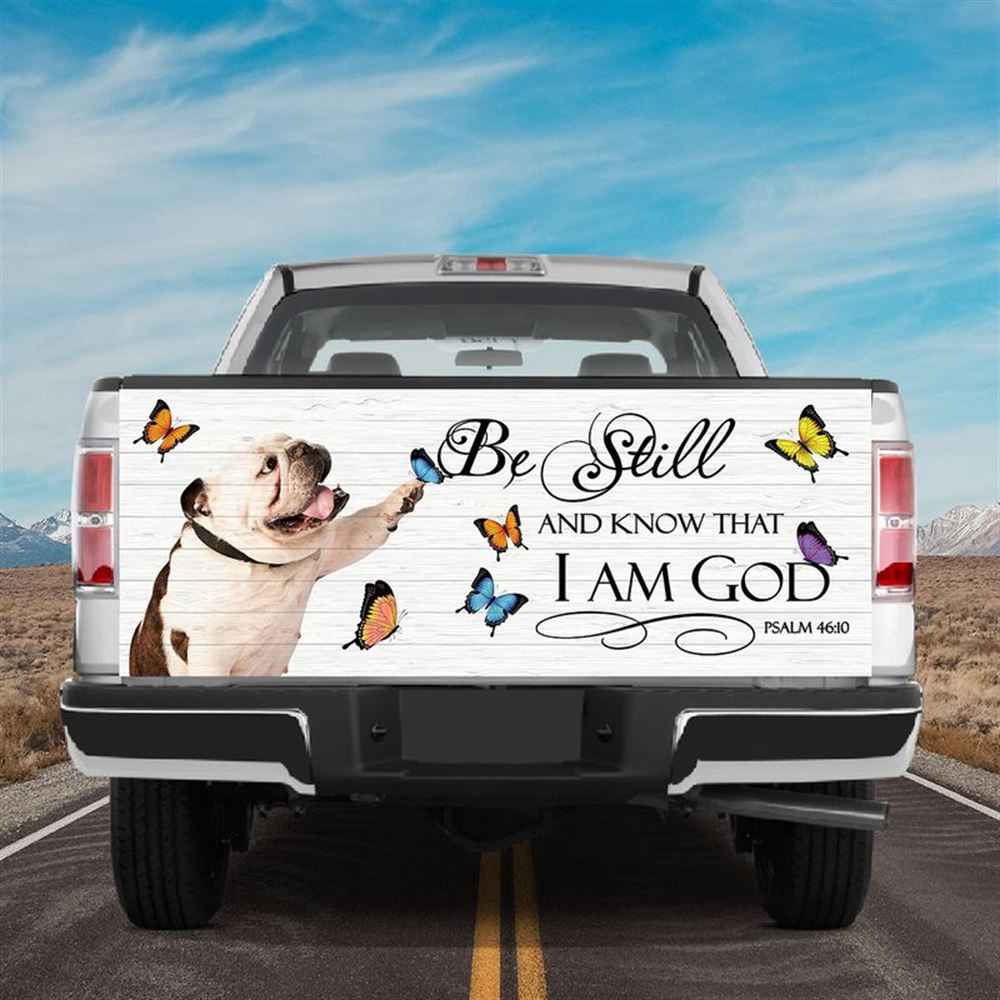 Jesus Tailgate Wrap, English Bulldog Tailgate Vinyl Graphic Wrap Dog Play With Butterflies Truck Wraps God Bible Verse Tailgate Wrap
