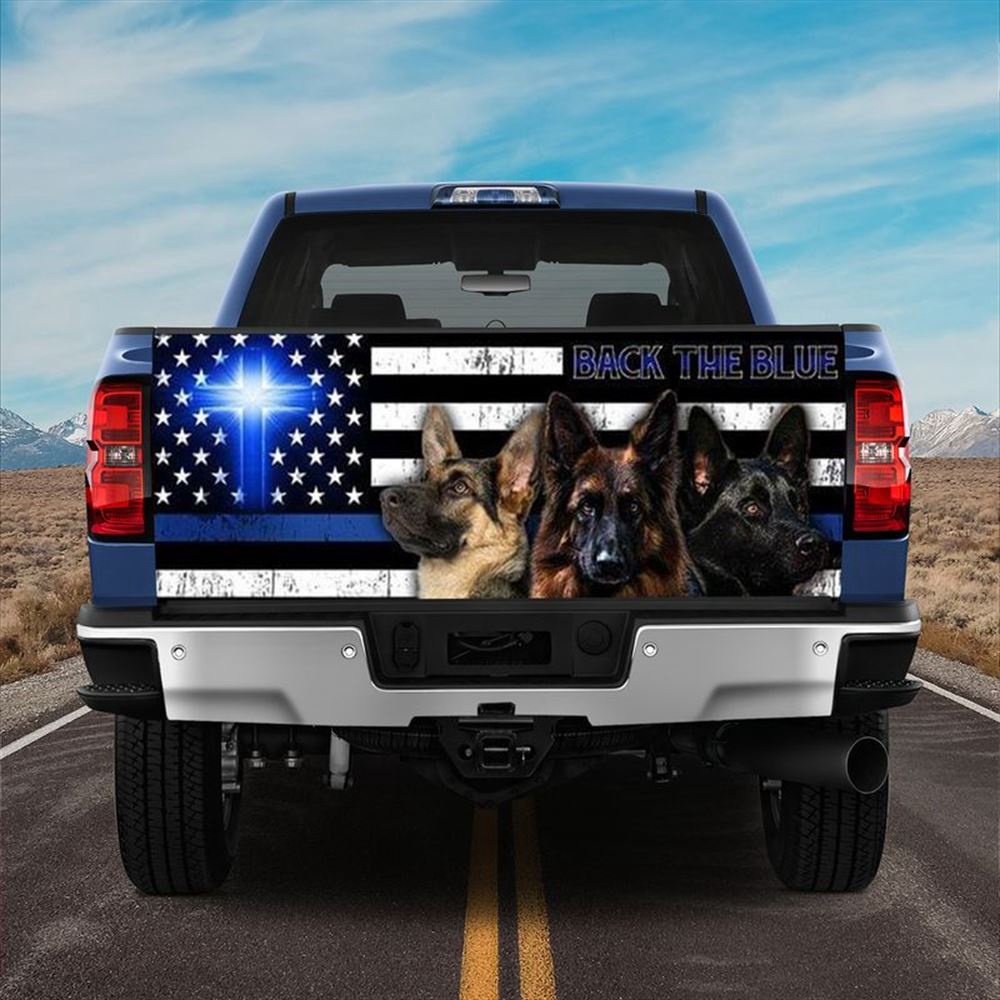 Jesus Tailgate Wrap, German Shepherd Back The Blue Christian Cross Truck Tailgate Decal Police Gift Tailgate Wrap