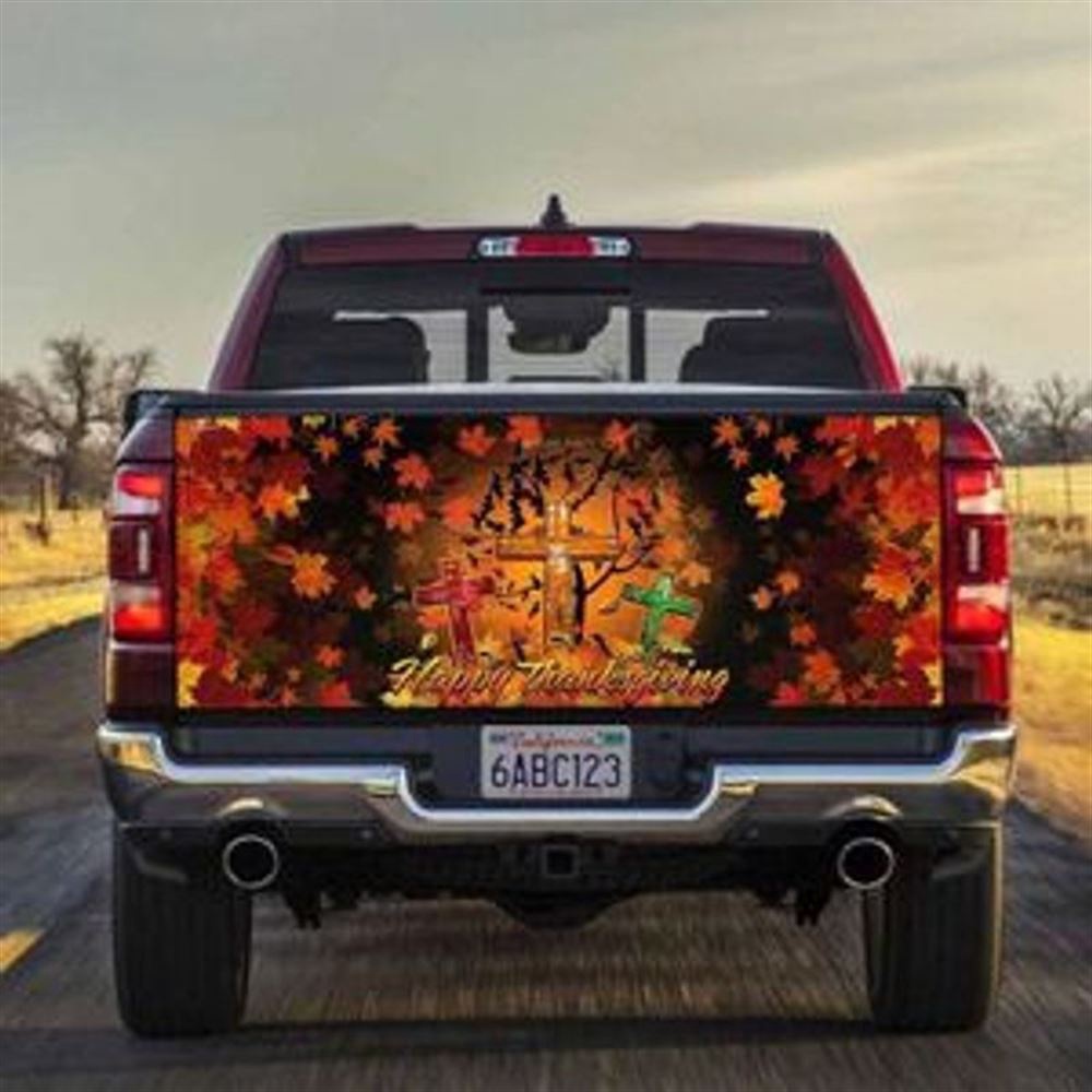 Jesus Tailgate Wrap, Happy Thanksgiving Autumn Leaves Tailgate Wrap Decal Christian Cross Fall Season Decal Sticker Tailgate Wrap