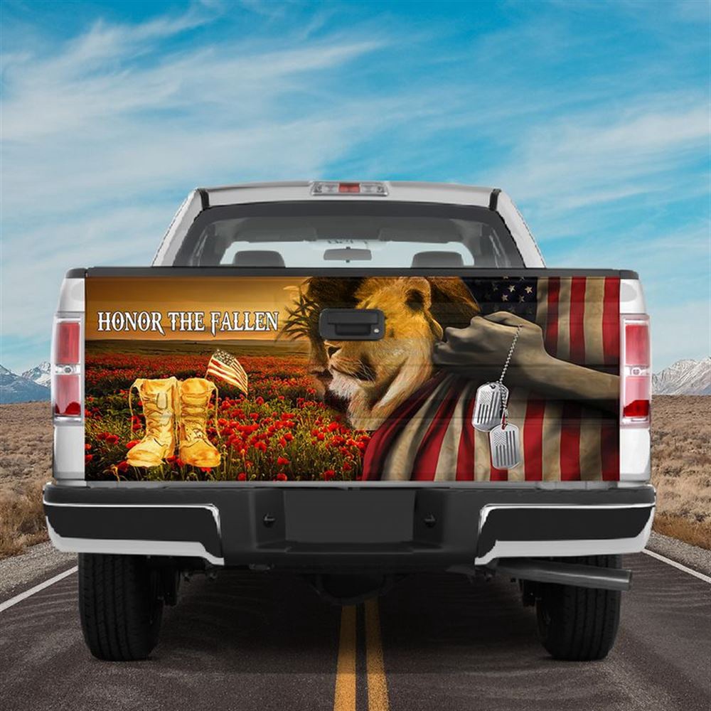 Jesus Tailgate Wrap, Jesus Bless American Veterann Poppy Flower Lion Honor The Fallen 4th Of July Gift Tailgate Wrap
