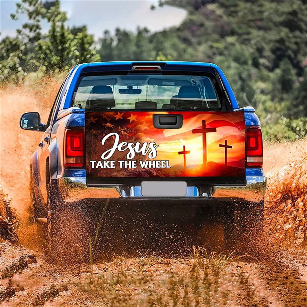Jesus Tailgate Wrap, Jesus Take The Wheel Christian Cross Tailgate Wrap Decal Christian American Flag Vinyl Decal Tailgate Wrap