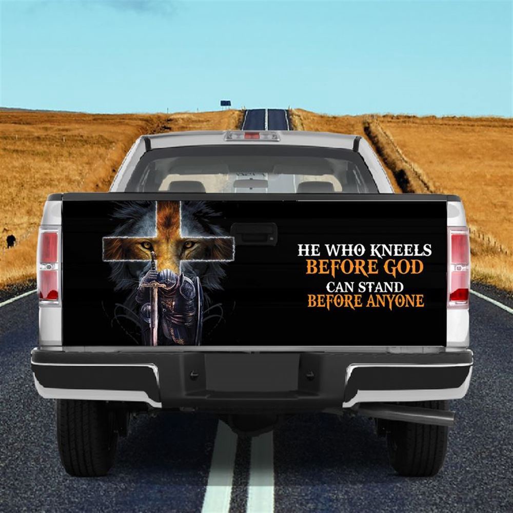 Jesus Tailgate Wrap, Lion Cross Knight Tailgate Decal He Who Kneels Before God Tailgate Wrap