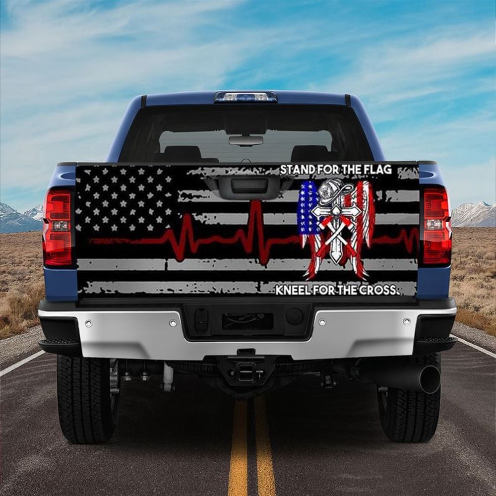 Jesus Tailgate Wrap, Thin Red Line Truck Tailgate Decal Cross Angel Wings America Warrior Gift Tailgate Wrap