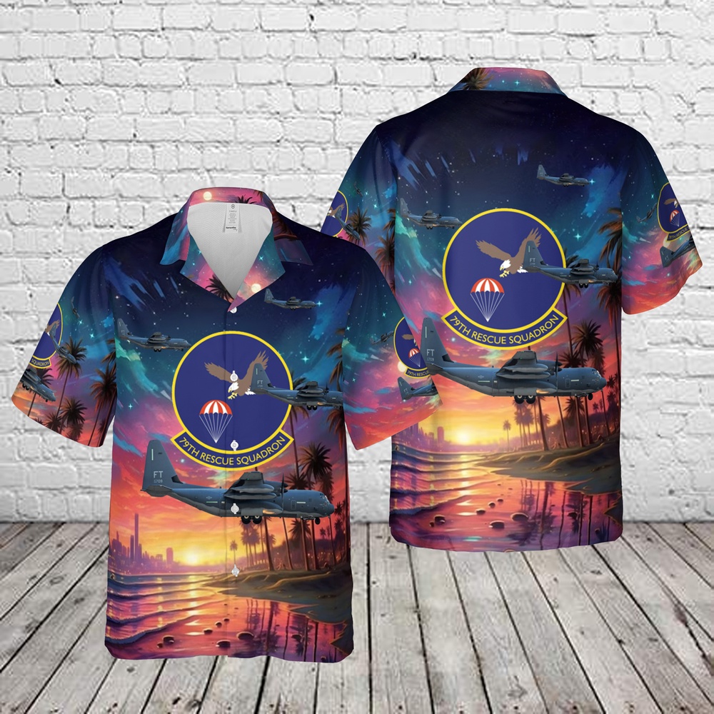 Air Force Aloha Shirt, US Air Force 79th Rescue Squadron Lockheed Martin HC-130J Combat King II, 09-5709  FT Hawaiian Shirt