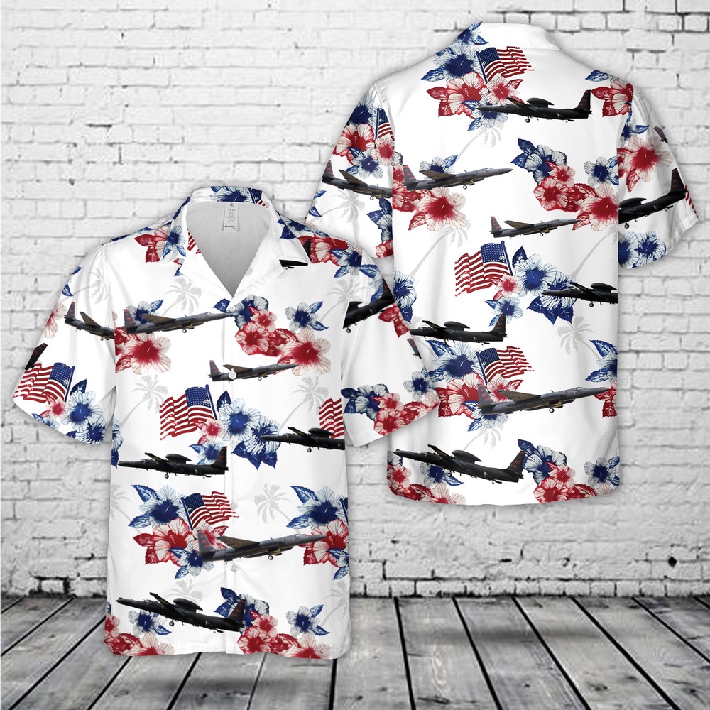 Air Force Aloha Shirt, US Air Force Lockheed U-2S Dragon Lady Red White Blue Flag Floral Hawaiian Shirt