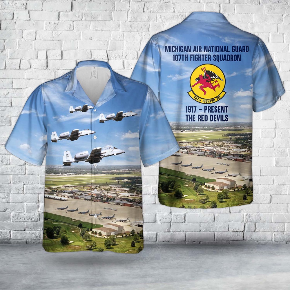 Air Force Aloha Shirt, US Air Force Michigan Air National Guard 107th Fighter Squadron A-10 Thunderbolt II 80-255 Hawaiian Shirt