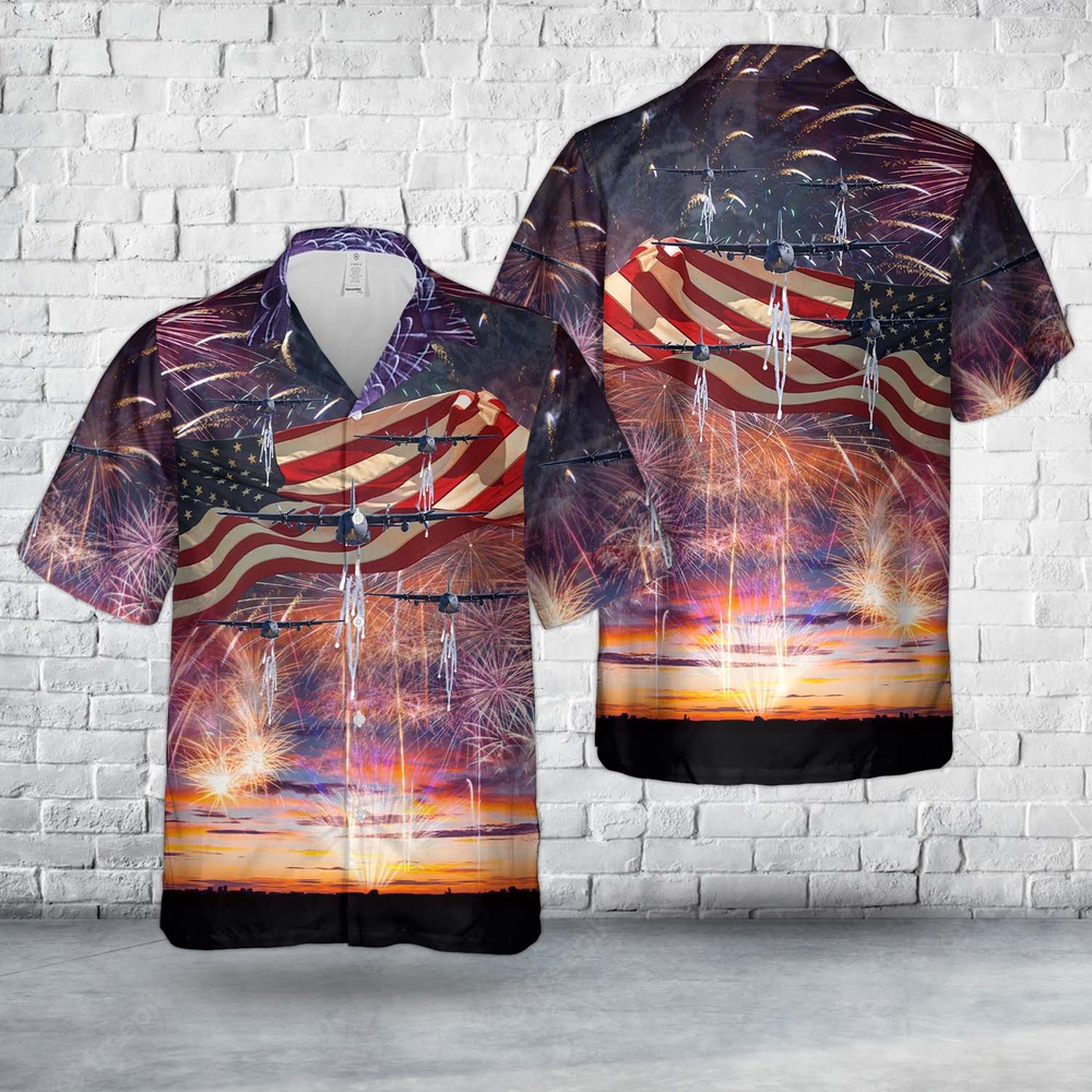 Air Force Aloha Shirt, US Air Force Michigan Air National Guard C-130E Hercules aircraft from 171st Airlift Squadron, 4th Of July Hawaiian Shirt