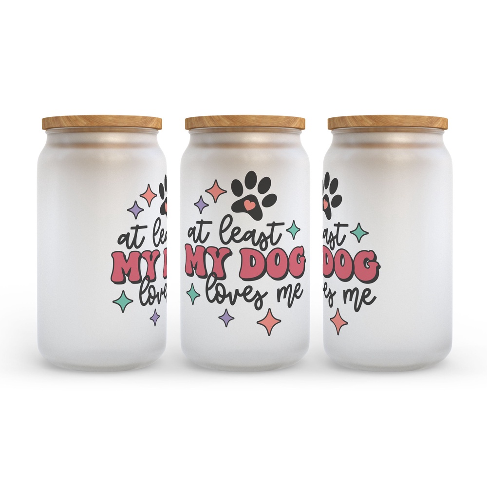 Frosted Glass Can, Valentine Gift, At Least My Dog Loves Me Frosted Glass Can Tumbler