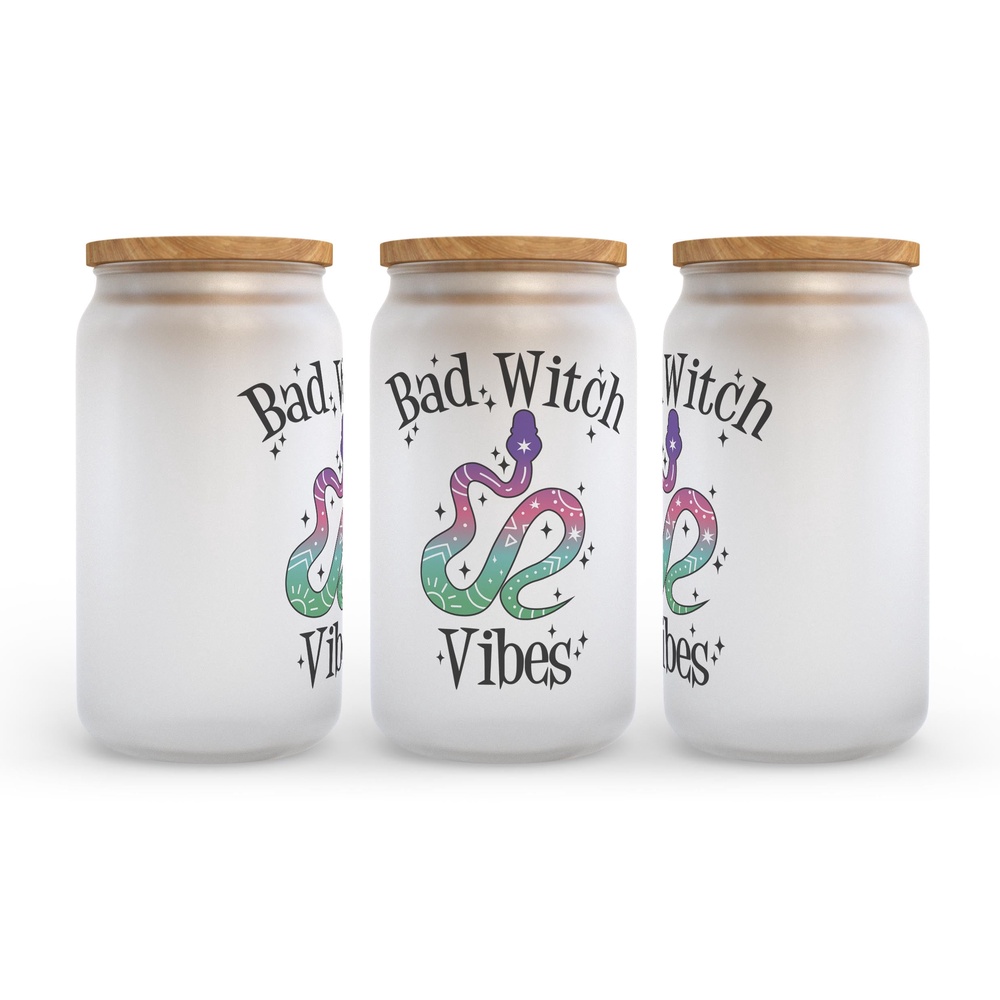Frosted Glass Can, Valentine Gift, Bad Witch Vibes Halloween Frosted Glass Can Tumbler