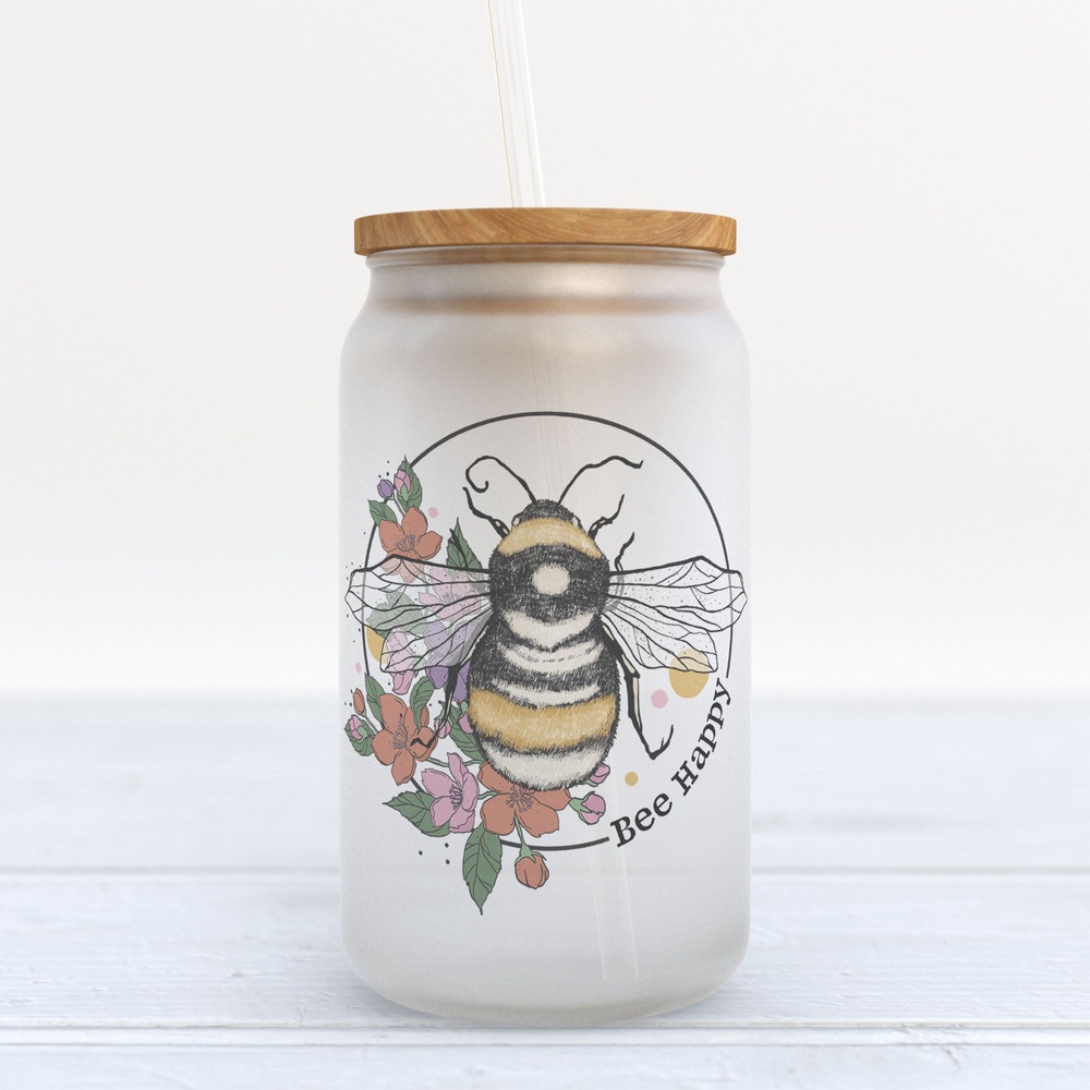 Frosted Glass Can, Valentine Gift, Bee Happy Frosted Glass Can Tumbler Frosted Glass Can, Valentine Gift, Bee Happy Frosted Glass Can Tumbler