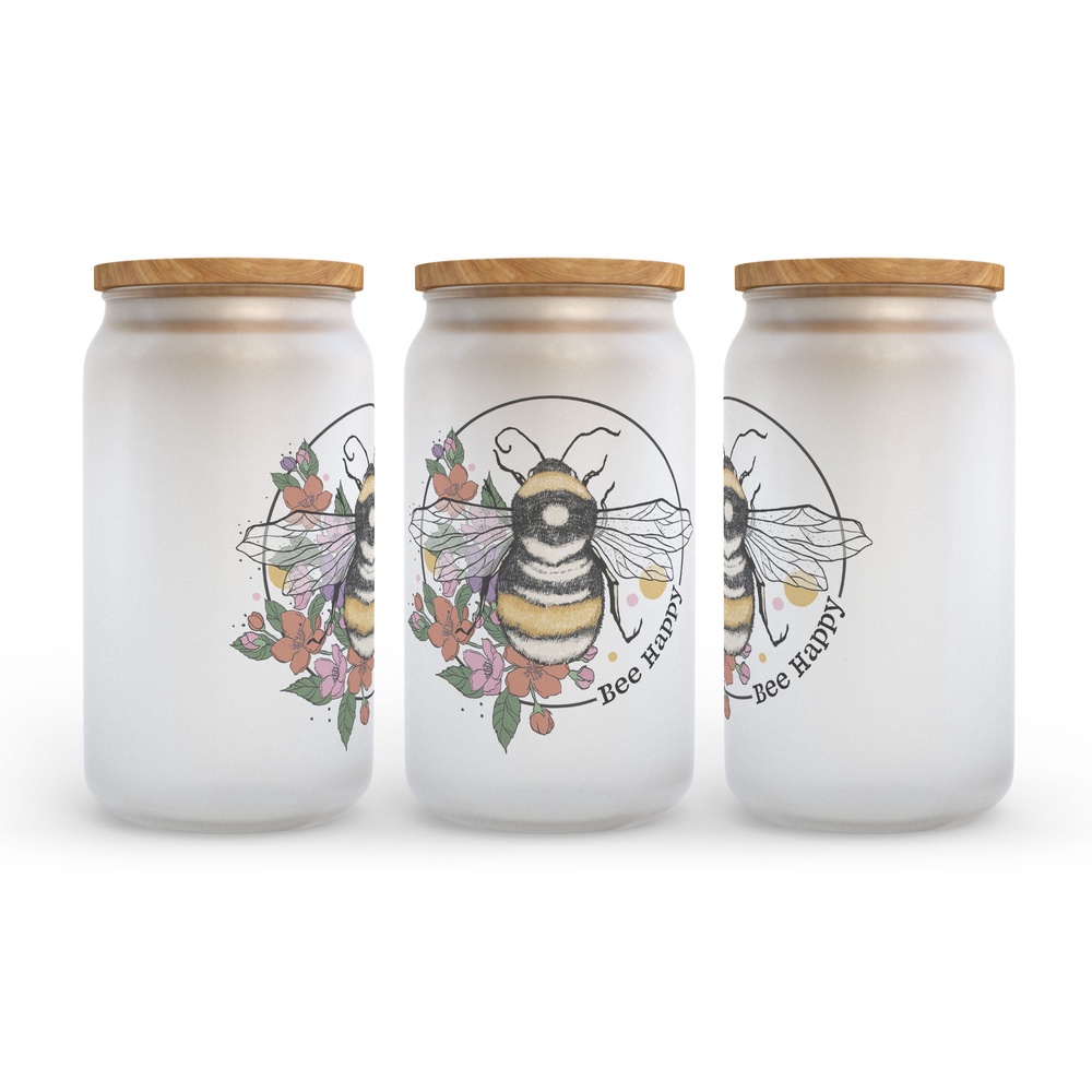 Frosted Glass Can, Valentine Gift, Bee Happy Frosted Glass Can Tumbler Frosted Glass Can, Valentine Gift, Bee Happy Frosted Glass Can Tumbler