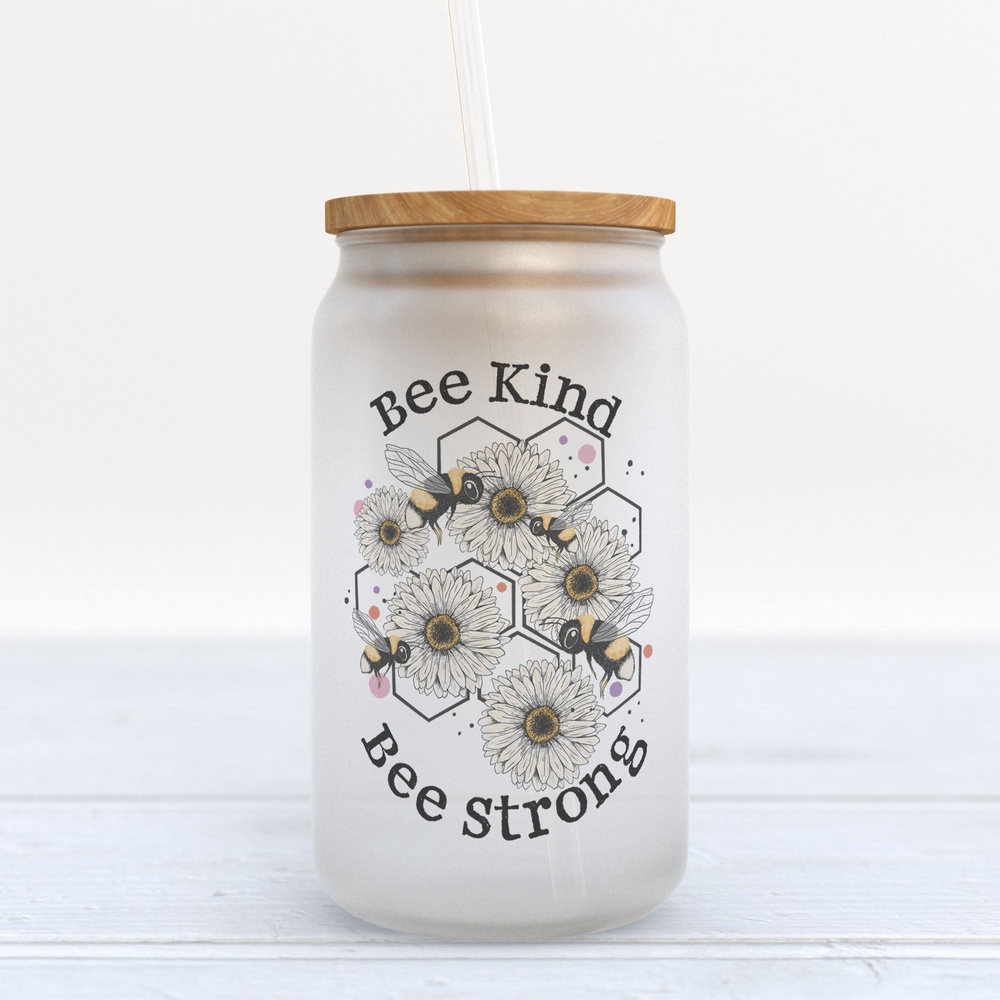Frosted Glass Can, Valentine Gift, Bee Kind Bee Strong Frosted Glass Can Tumbler Frosted Glass Can, Valentine Gift, Bee Kind Bee Strong Frosted Glass Can Tumbler