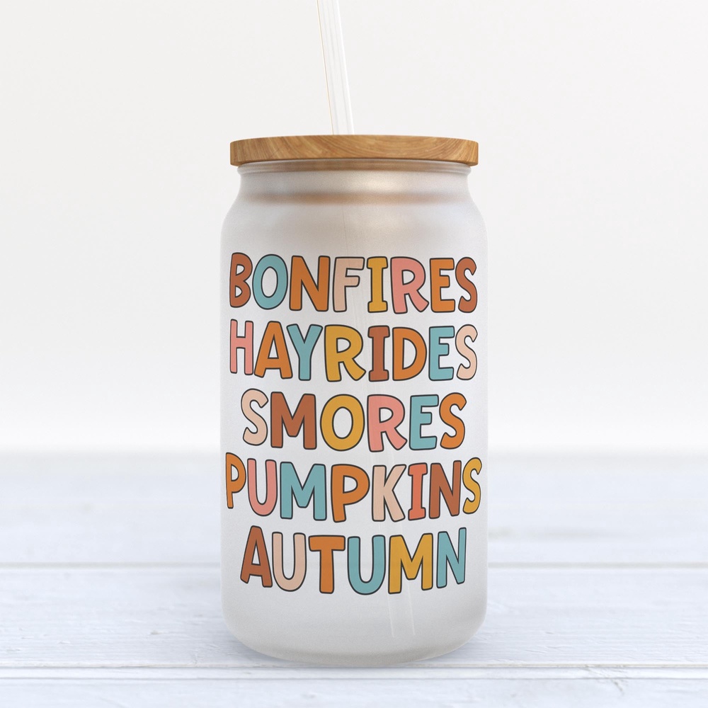 Frosted Glass Can, Valentine Gift, Bonfires Hayrides Smores Pumpkins Autumn Frosted Glass Can Tumbler