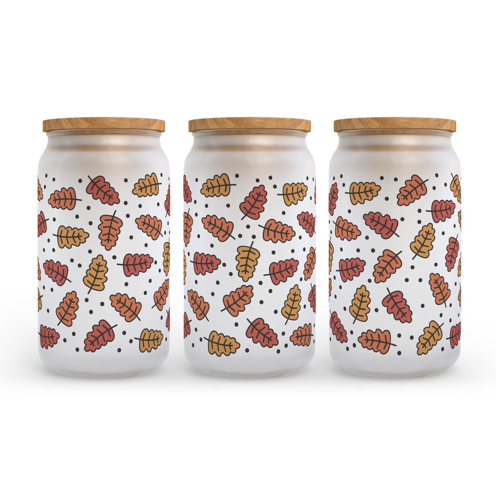 Frosted Glass Can, Valentine Gift, Colorful Fall Leaves Frosted Glass Can Tumbler Frosted Glass Can, Valentine Gift, Colorful Fall Leaves Frosted Glass Can Tumbler