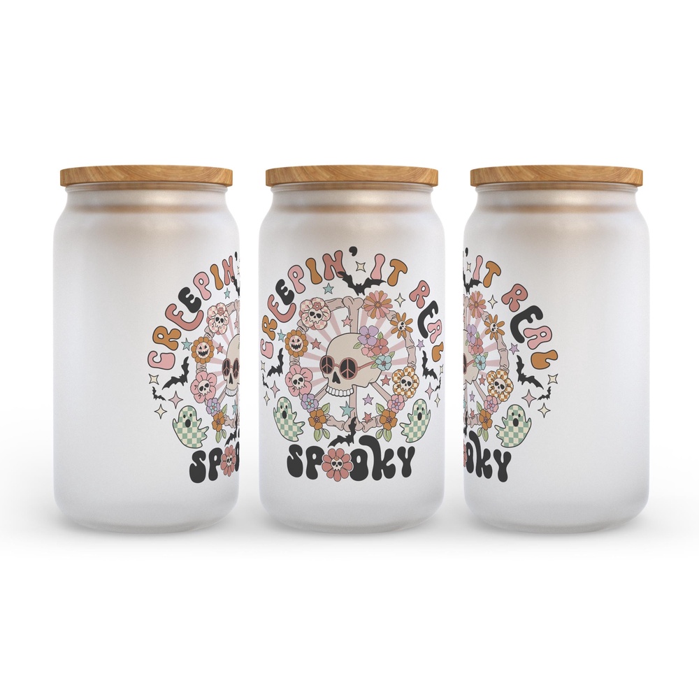 Frosted Glass Can, Valentine Gift, Creepin It Real Spooky Halloween Frosted Glass Can Tumbler