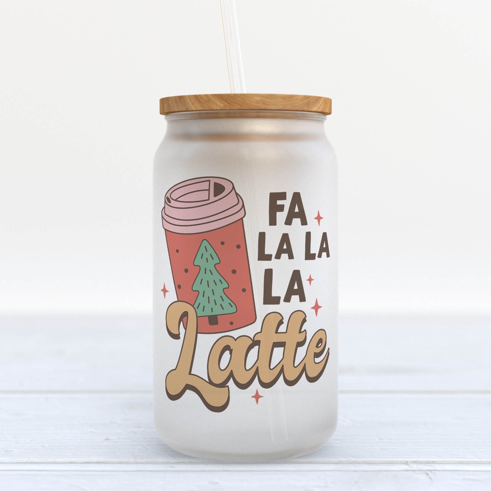 Frosted Glass Can, Valentine Gift, Fa La La La Latte Christmas Frosted Glass Can Tumbler Frosted Glass Can, Valentine Gift, Fa La La La Latte Christmas Frosted Glass Can Tumbler