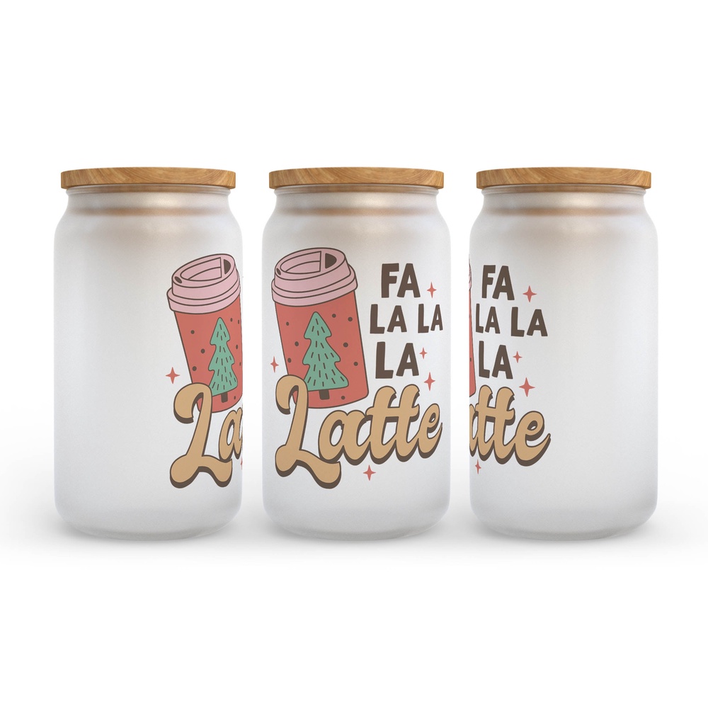 Frosted Glass Can, Valentine Gift, Fa La La La Latte Christmas Frosted Glass Can Tumbler Frosted Glass Can, Valentine Gift, Fa La La La Latte Christmas Frosted Glass Can Tumbler