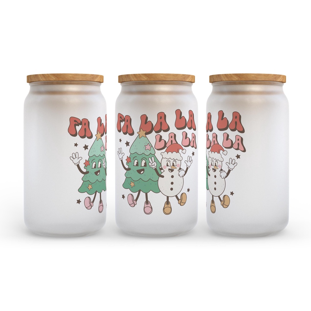 Frosted Glass Can, Valentine Gift, Fa La La La Retro Christmas Frosted Glass Can Tumbler Frosted Glass Can, Valentine Gift, Fa La La La Retro Christmas Frosted Glass Can Tumbler