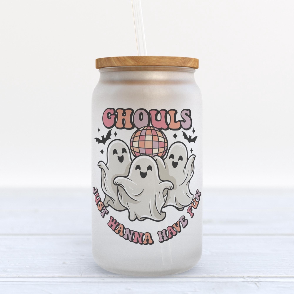Frosted Glass Can, Valentine Gift, Ghouls Just Wanna Have Fun Halloween Frosted Glass Can Tumbler