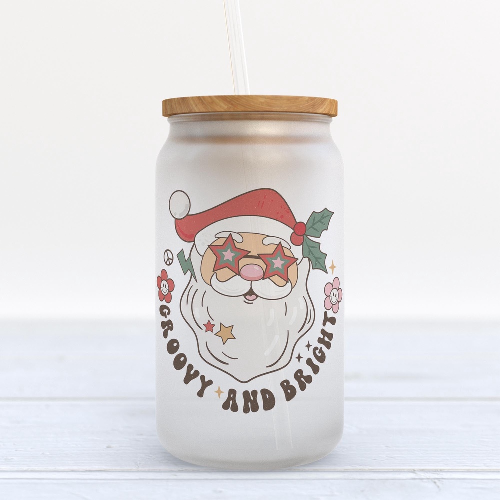 Frosted Glass Can, Valentine Gift, Groovy and Bright Retro Santa Christmas Frosted Glass Can Tumbler