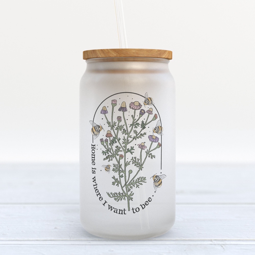 Frosted Glass Can, Valentine Gift, Home Is Where I Want To Bee Frosted Glass Can Tumbler