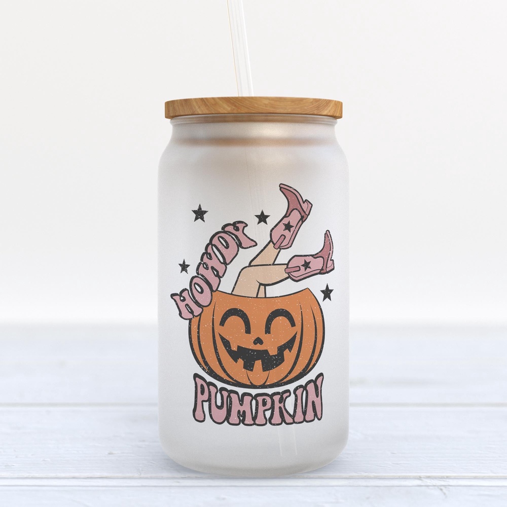 Frosted Glass Can, Valentine Gift, Howdy Pumpkin Halloween Frosted Glass Can Tumbler