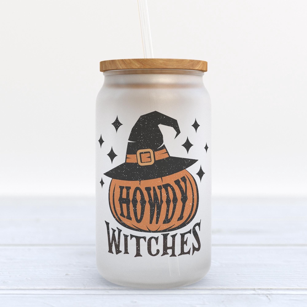 Frosted Glass Can, Valentine Gift, Howdy Witches Halloween Frosted Glass Can Tumbler