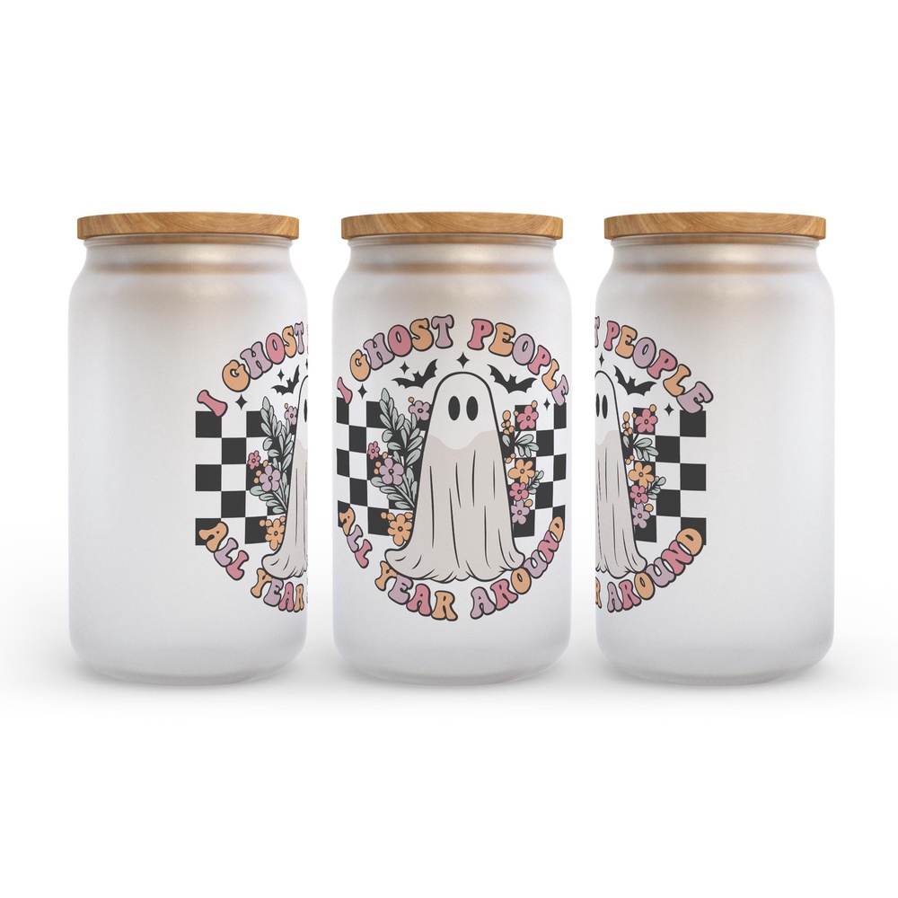 Frosted Glass Can, Valentine Gift, I Ghost People All Year Around Halloween Frosted Glass Can Tumbler