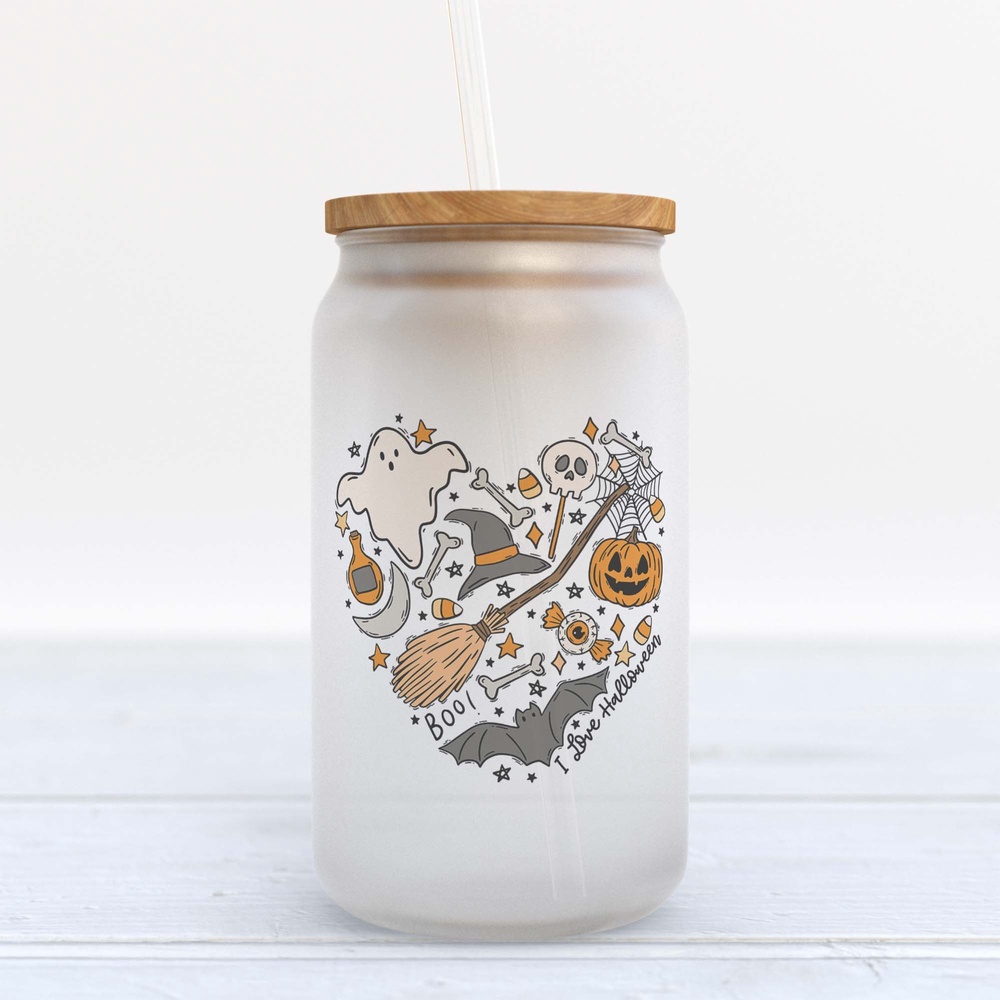 Frosted Glass Can, Valentine Gift, I Love Halloween Frosted Glass Can Tumbler