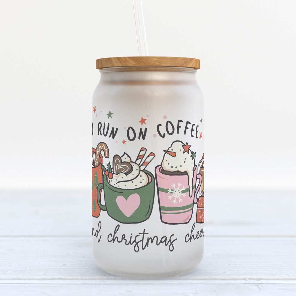 Frosted Glass Can, Valentine Gift, I Run on Coffee and Christmas Cheer Frosted Glass Can Tumbler