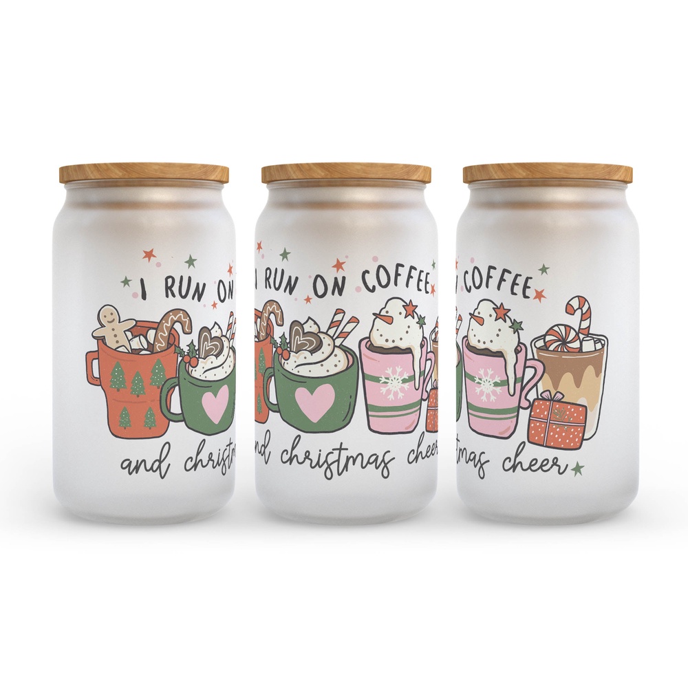Frosted Glass Can, Valentine Gift, I Run on Coffee and Christmas Cheer Frosted Glass Can Tumbler