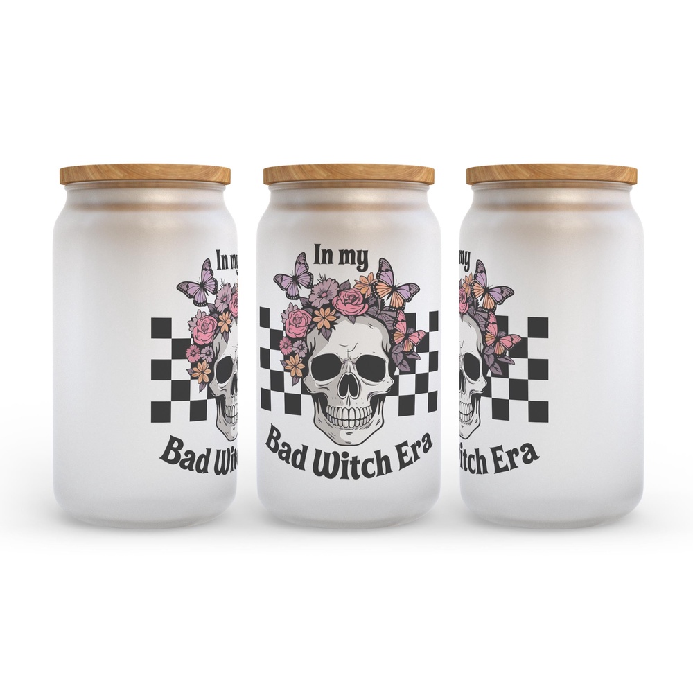 Frosted Glass Can, Valentine Gift, In My Bad Witch Era Halloween Frosted Glass Can Tumbler