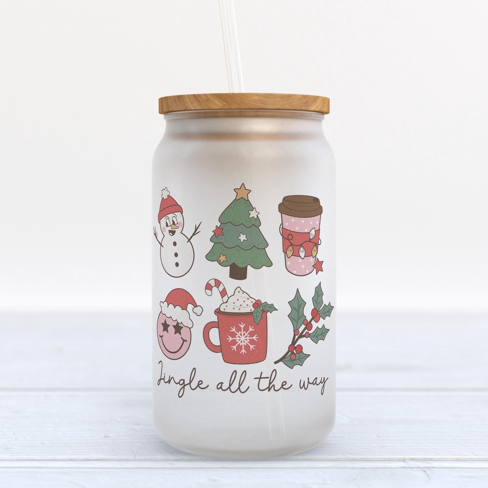 Frosted Glass Can, Valentine Gift, Jingle All the Way Retro Christmas Frosted Glass Can Tumbler