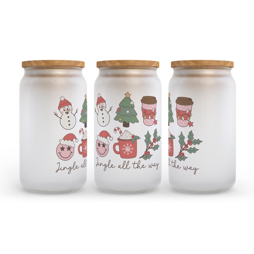 Frosted Glass Can, Valentine Gift, Jingle All the Way Retro Christmas Frosted Glass Can Tumbler
