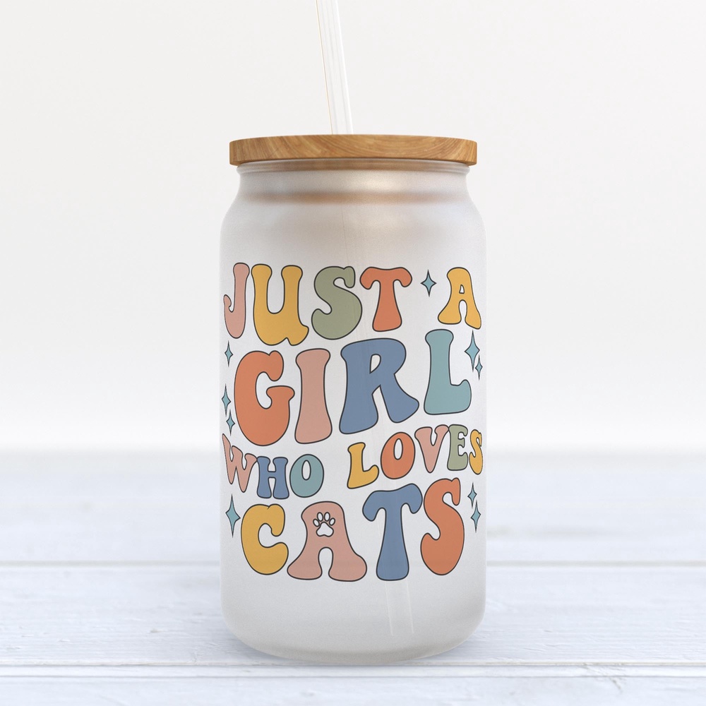 Frosted Glass Can, Valentine Gift, Just A Girl Who Loves Cats Frosted Glass Can Tumbler Frosted Glass Can, Valentine Gift, Just A Girl Who Loves Cats Frosted Glass Can Tumbler