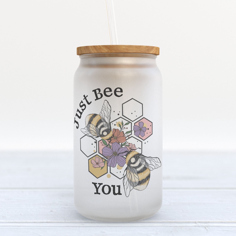 Frosted Glass Can, Valentine Gift, Just Bee You Frosted Glass Can Tumbler