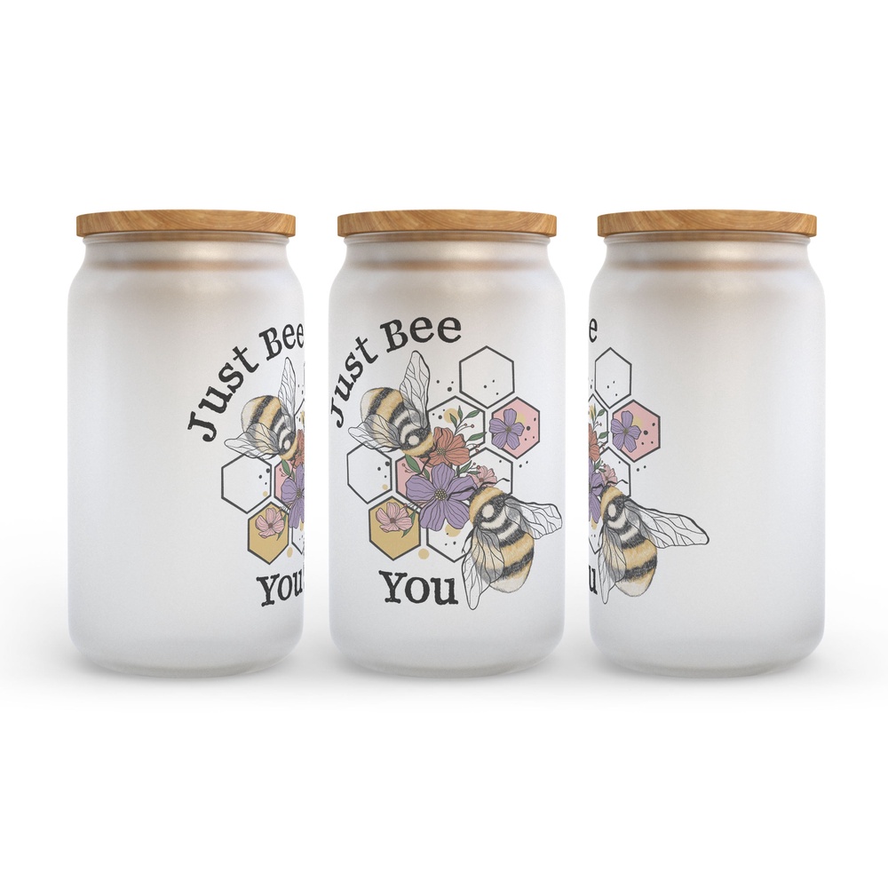 Frosted Glass Can, Valentine Gift, Just Bee You Frosted Glass Can Tumbler