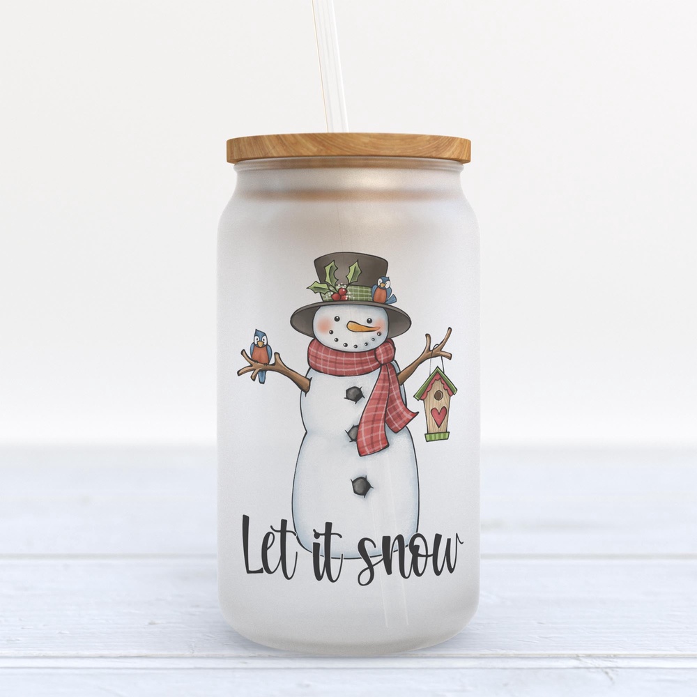 Frosted Glass Can, Valentine Gift, Let it Snow Snowman Christmas Frosted Glass Can Tumbler