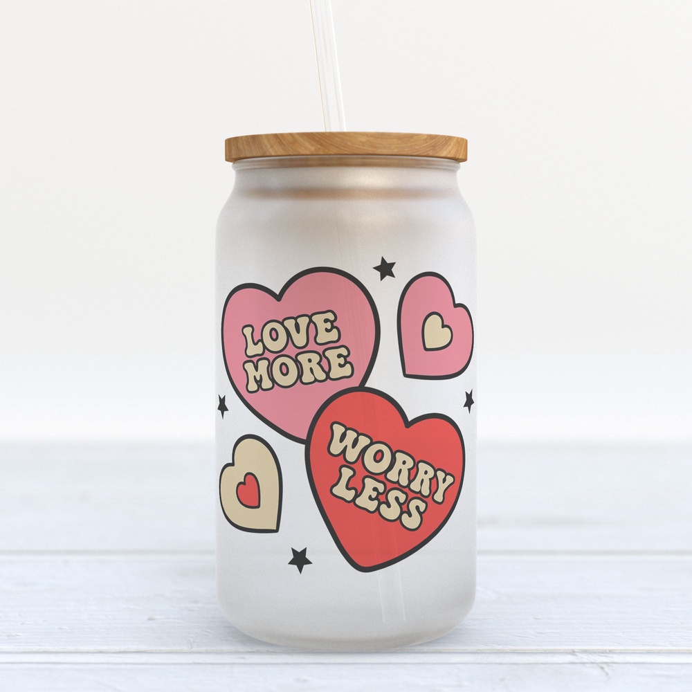 Frosted Glass Can, Valentine Gift, Love More Worry Less Valentine’s Day Frosted Glass Can Tumbler