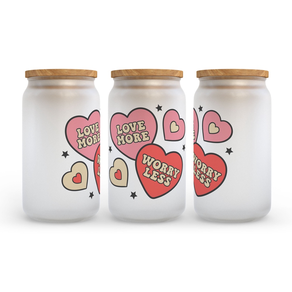 Frosted Glass Can, Valentine Gift, Love More Worry Less Valentine’s Day Frosted Glass Can Tumbler