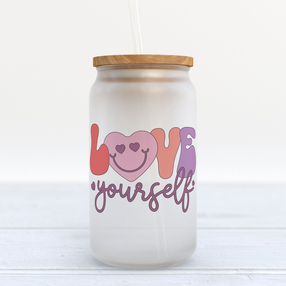 Frosted Glass Can, Valentine Gift, Love Yourself Frosted Glass Can Tumbler Frosted Glass Can, Valentine Gift, Love Yourself Frosted Glass Can Tumbler