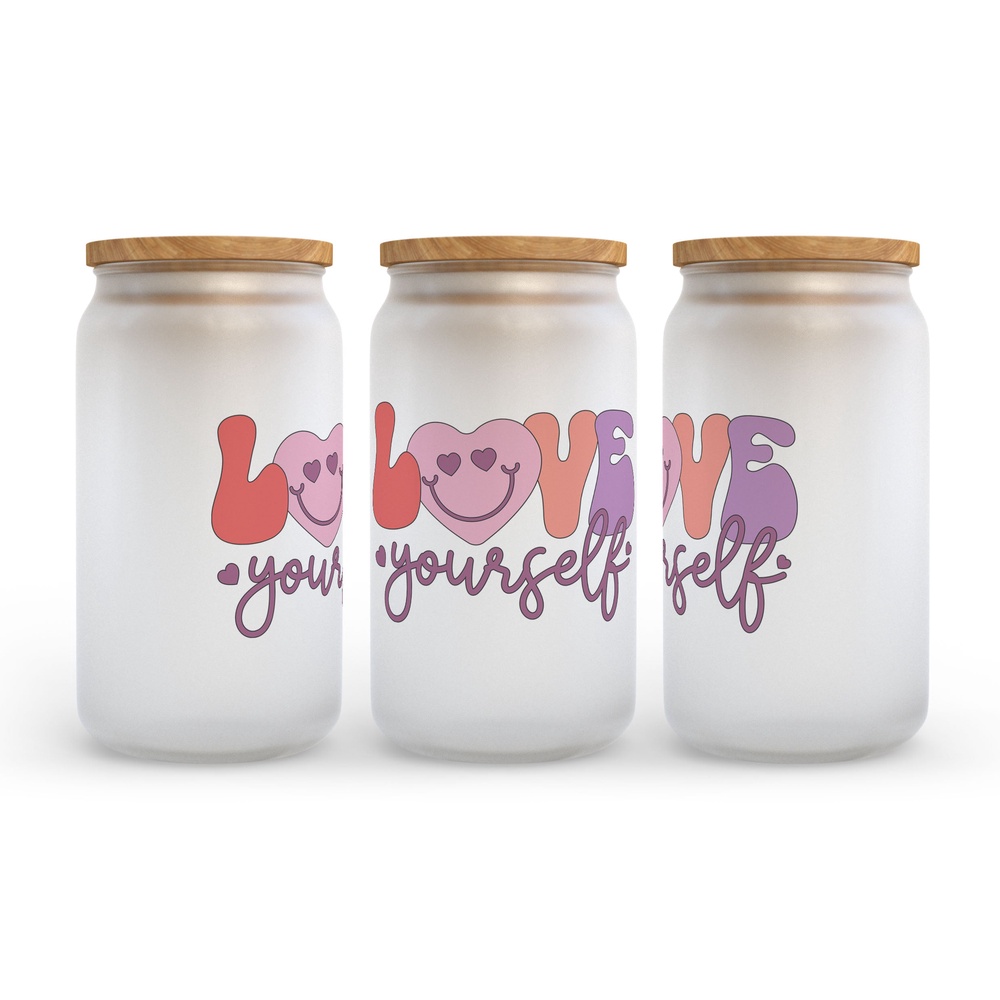Frosted Glass Can, Valentine Gift, Love Yourself Frosted Glass Can Tumbler Frosted Glass Can, Valentine Gift, Love Yourself Frosted Glass Can Tumbler