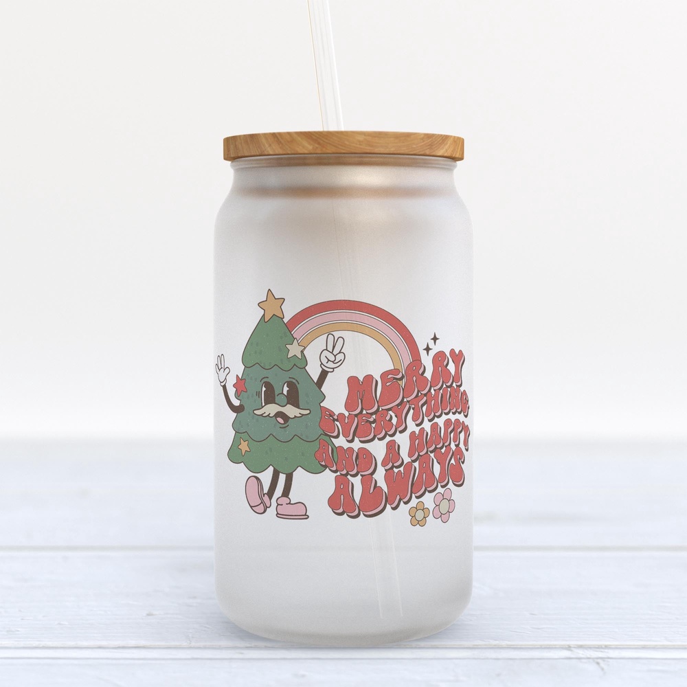 Frosted Glass Can, Valentine Gift, Merry Everything and Happy a Always Retro Christmas Frosted Glass Can Tumbler
